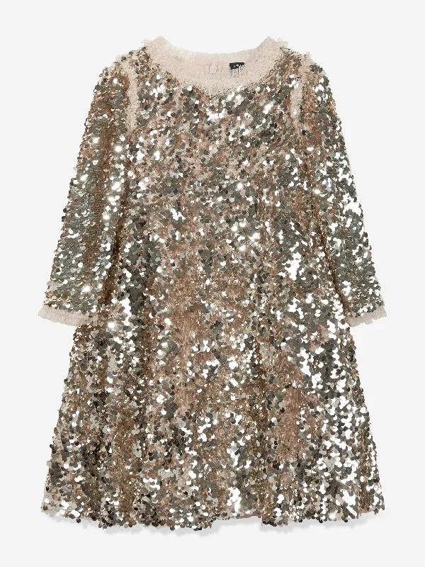 Needle & Thread Girls Hallie Sequin Dress in Gold Black Sequin Gown