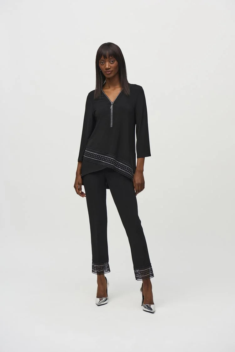 Joseph Ribkoff Black Silky Knit Straight Pants With Lace Detail