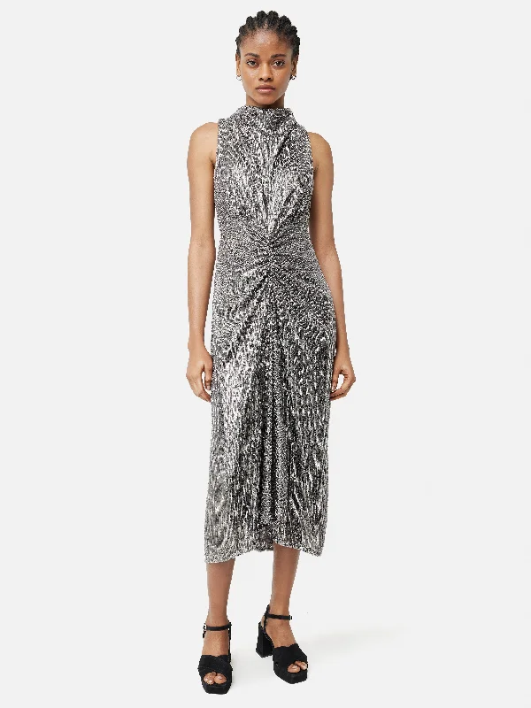 Sequin High Neck Dress | Gunmetal Long Sleeve Sequin