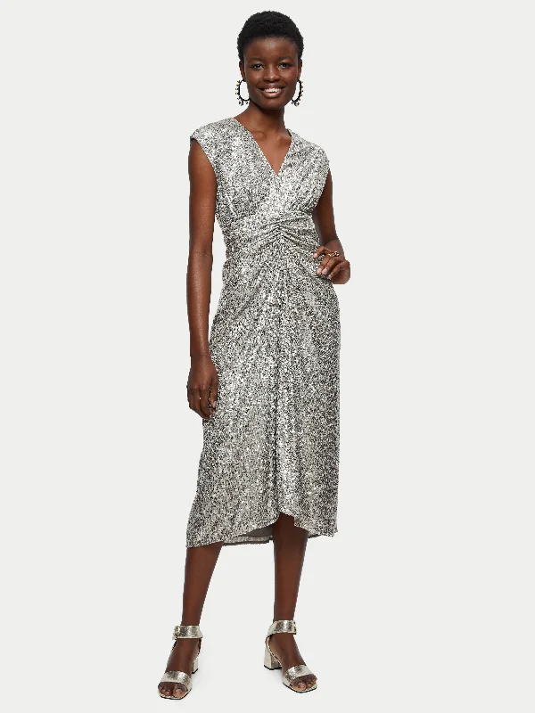 Sequin Ruched Midi Dress | Pewter Sequin Dress Fit