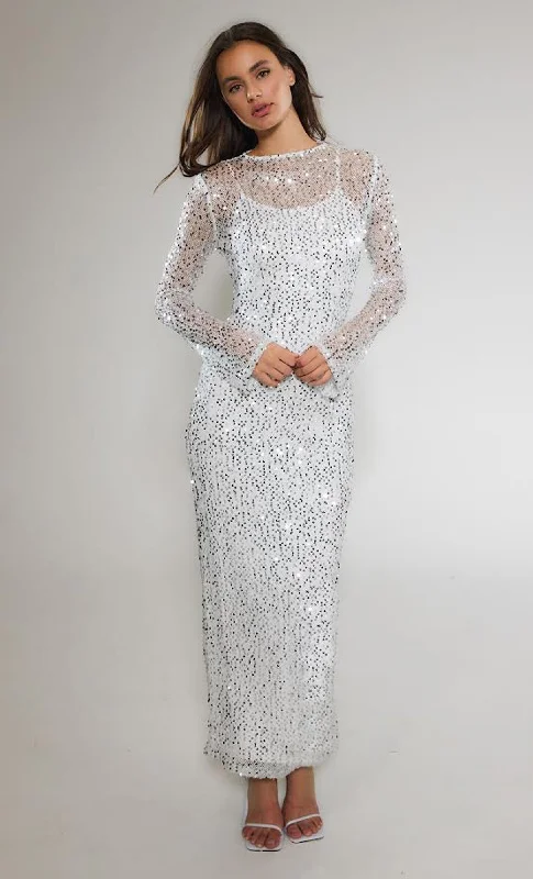 White Long Sleeve Sequin Maxi Dress High Neck Sequin