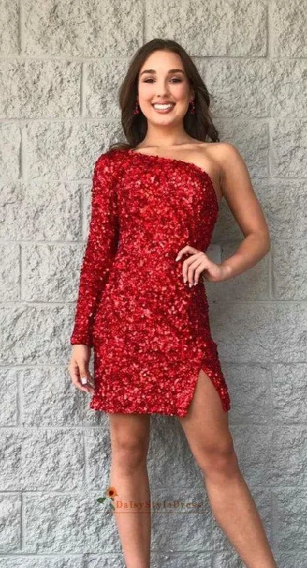 Fitted Single Sleeve Red Sequins Homecoming Dress Classy Sequin Dress