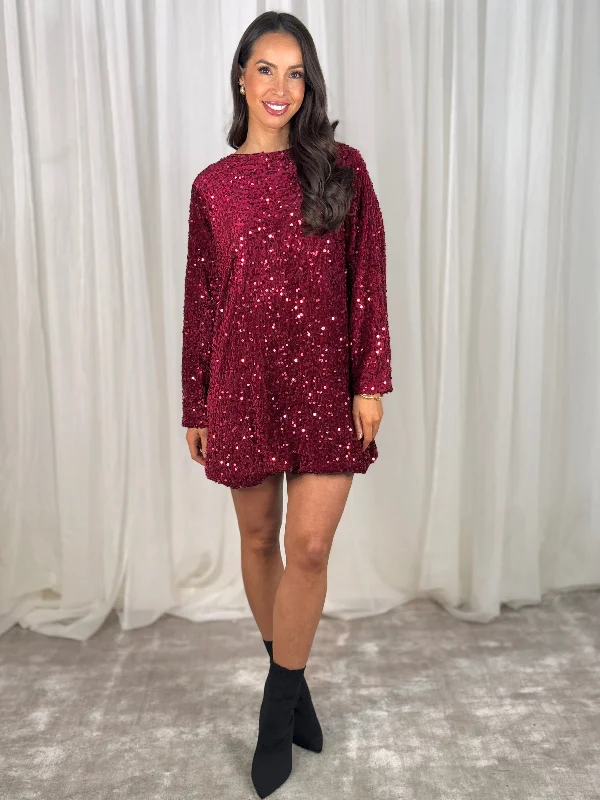 Kendra Bow Detail Sequin Dress In Bordeaux Flared Sequin Dress