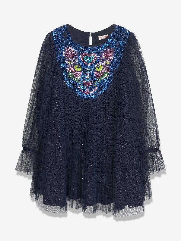 Billieblush Girls Sequin And Tulle Dress in Navy Floor-length Sequin Dress