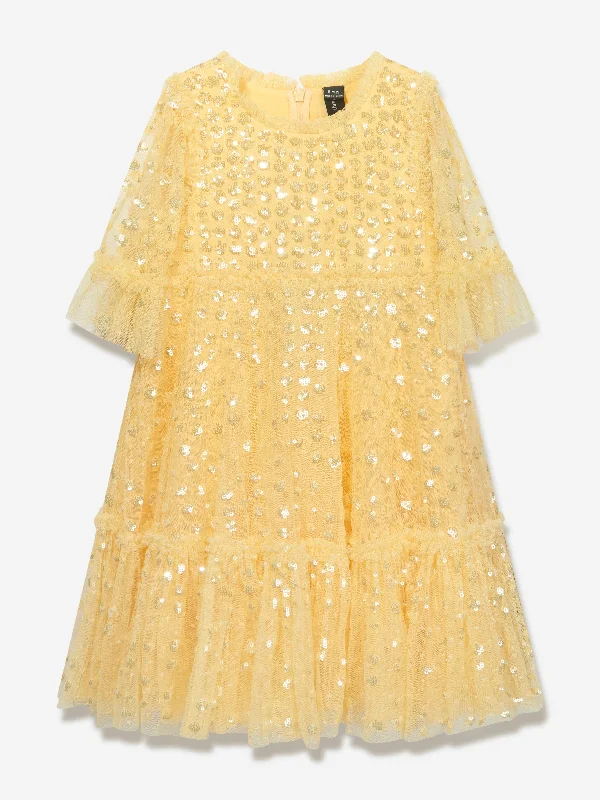 Needle & Thread Girls Raindrop Sequin Dress in Yellow Ruched Sequin Dress