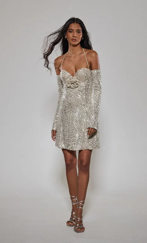 Champagne Sequin Corsage Mini Dress Formal Sequin Dress