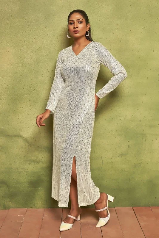 Pearl White Sequin Maxi Dress | V-Neck Long Sleeve Glamour Sequin Dress Trend