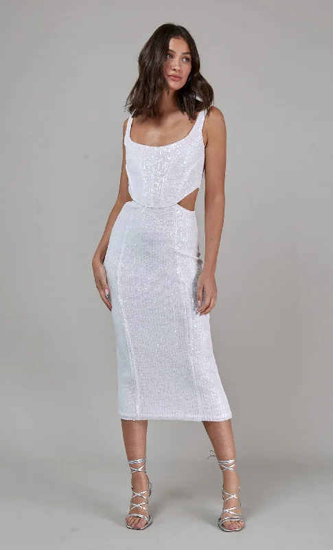 White Sequin Corset Cut Out Midi Dress Party Wear Sequin