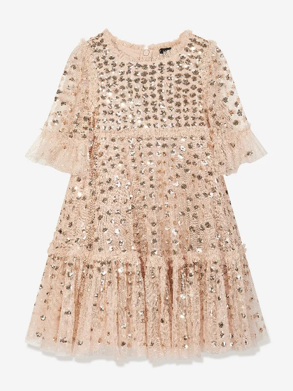 Needle & Thread Girls Raindrop Sequin Dress in Gold Ruched Sequin Dress