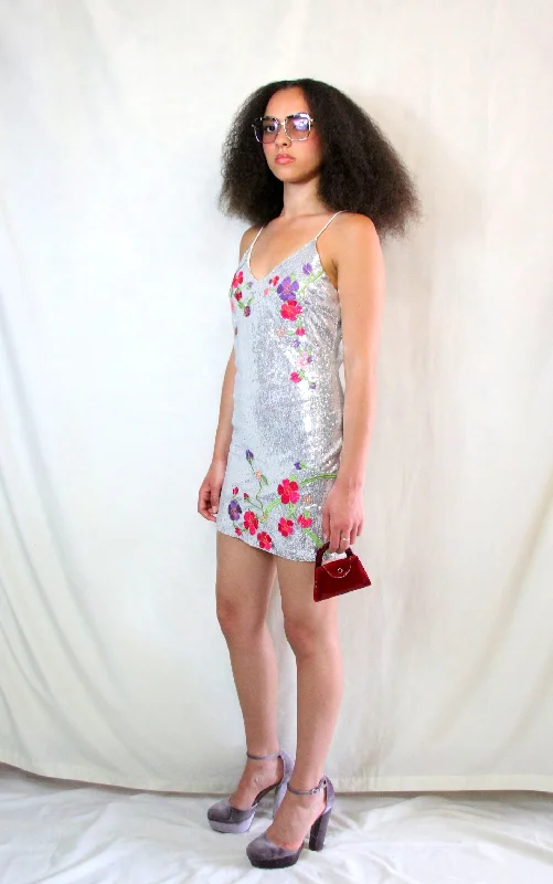 RENT Silver embroidered sequin mini dress Sequin Dress Allure