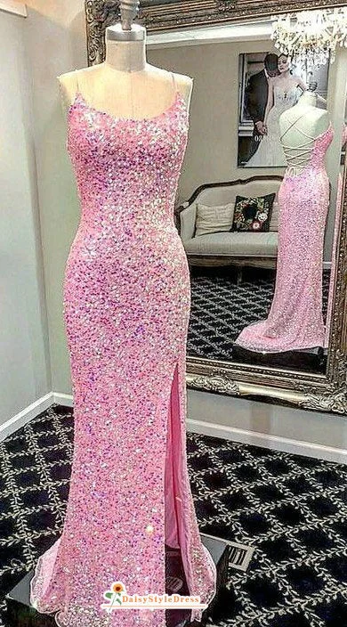 Fit and Flare Criss-Cross Back Pink Sequin Prom Dress Sequin Lace Dress