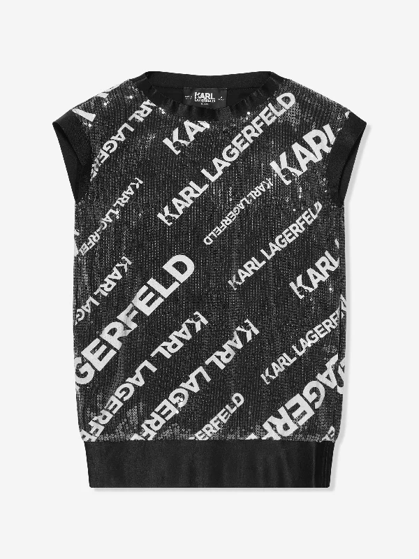 Karl Lagerfeld Girls Sequin Logo Dress in Black High Neck Sequin