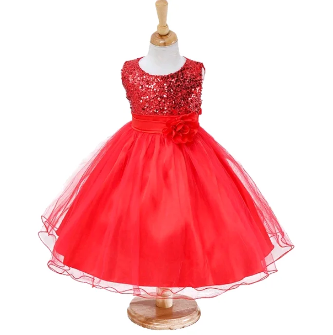 Girls Sequin & Tulle Red Dress, Size 2-14 yrs Flared Sequin Dress