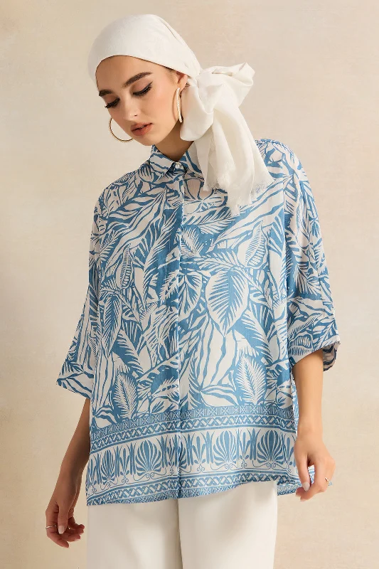 Women White And Blue Printed Collared Shirt