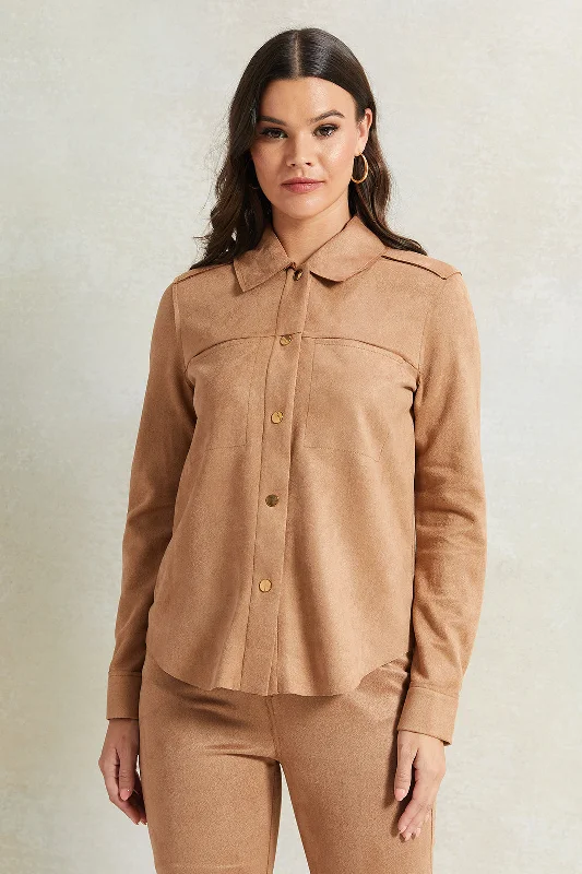 Women Beige Front Buttons Shirt Blouse