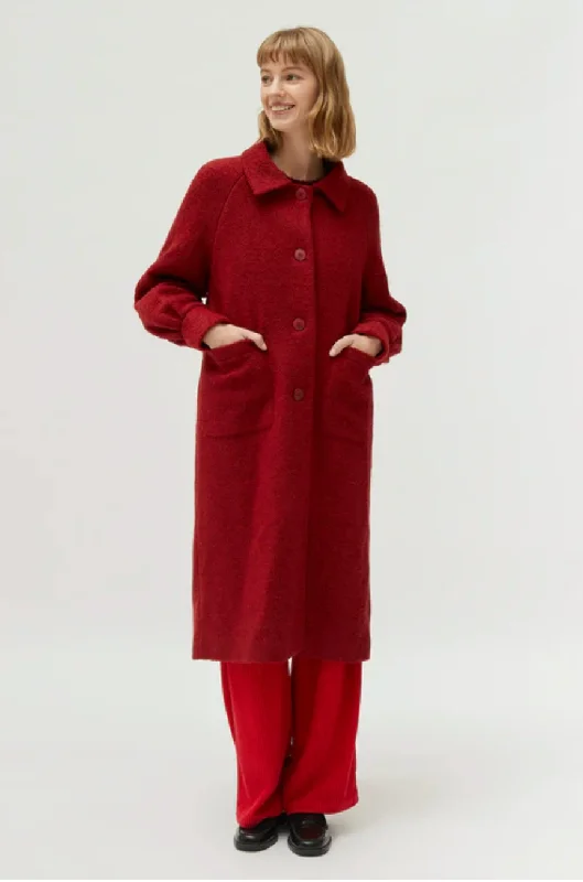 Red bouclé midi coat