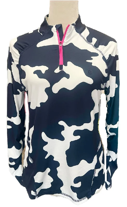 Women's G/Fore Navy & WhIte Camo Print Silky Tech Zip Pullover w/ Logo Size M MSP$155