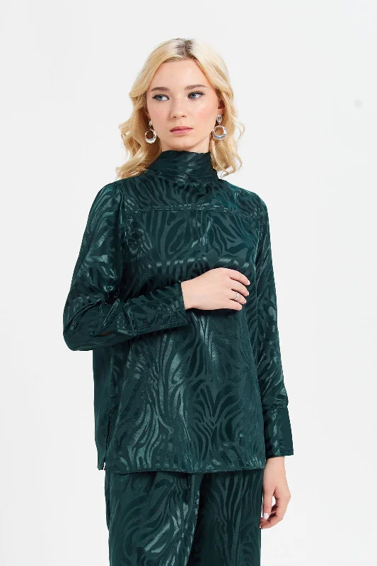 Women Teal Bow Satin Jacquard Blouse