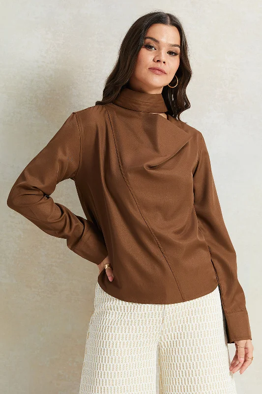 Women Brown High Neck Blouse