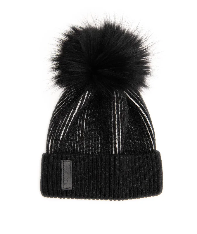 Women's date night jacketsManiere Black Ribbed Lurex Knit Hat With Black Pom Women's date night jackets