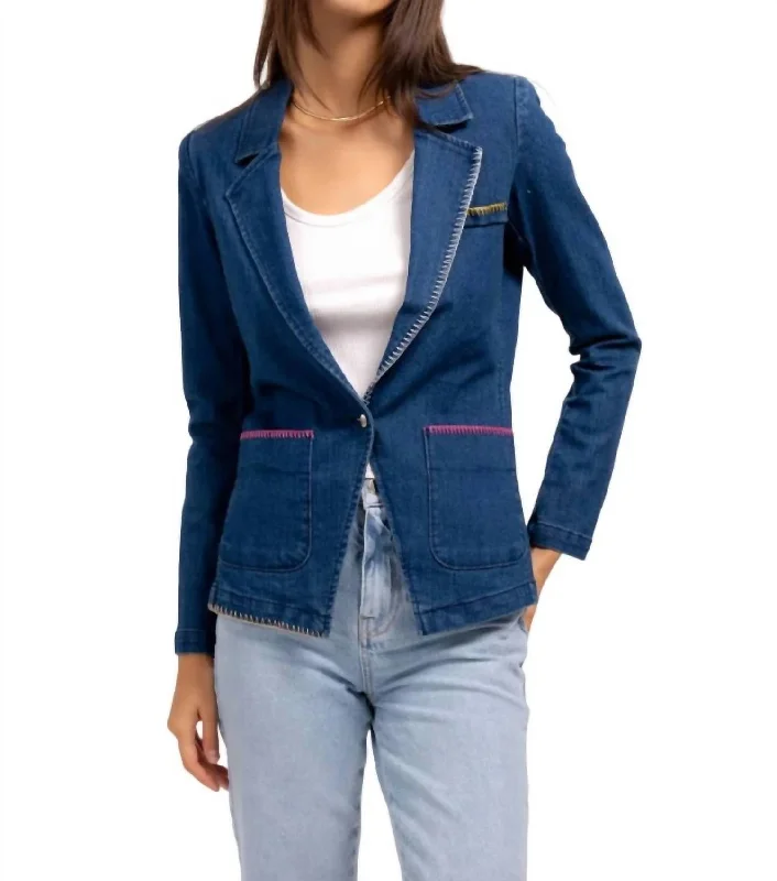 Mallory Whipstitch Denim Blazer In Blue Button Detail Blazer