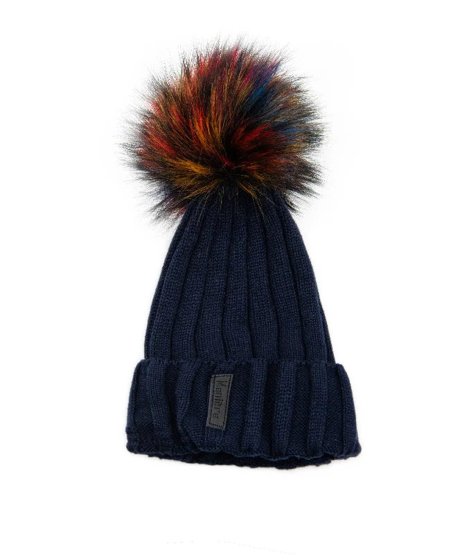 Women's warm jacketsManiere Navy Ribbed Merino Wool Hat With Multi Pom Women's warm jackets