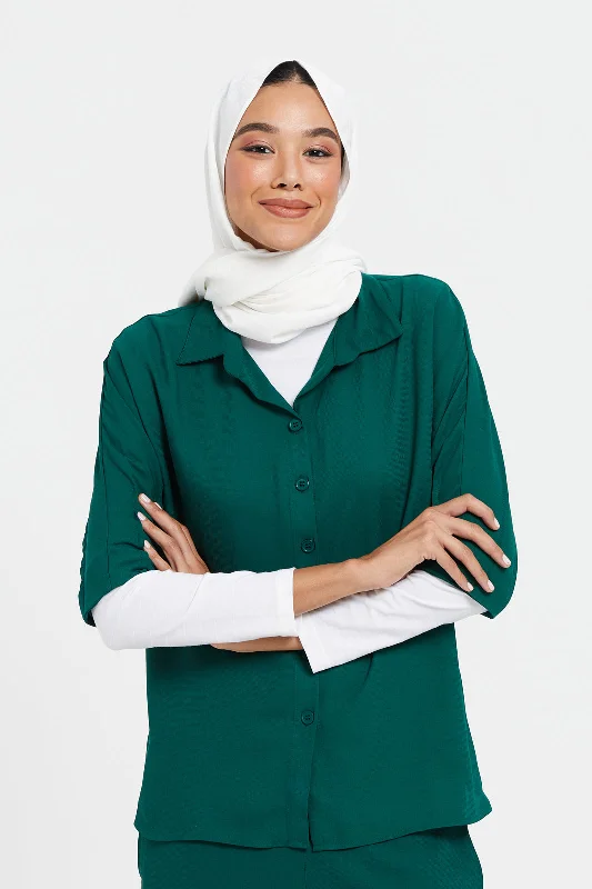 Women Green Oversized Collared Plain Blouse