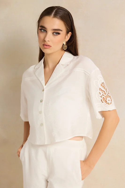 Women Ivory Embellished Cropped Shirt Blouse