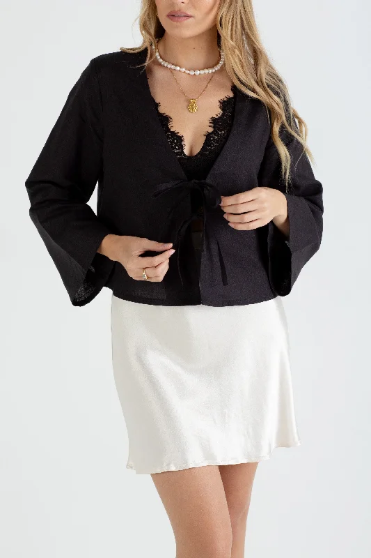 "The Melanie" - Linen Tie Top (Black)