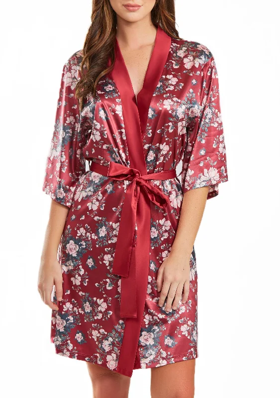 Satin pajama setsElea 1pc Contrast Satin Floral Robe with Self Tie Sash Satin pajama sets