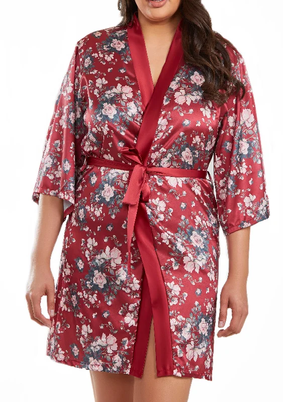 Sexy pajama setsElea plus Size 1pc Contrast Satin Floral Robe with Self Tie Sash Sexy pajama sets