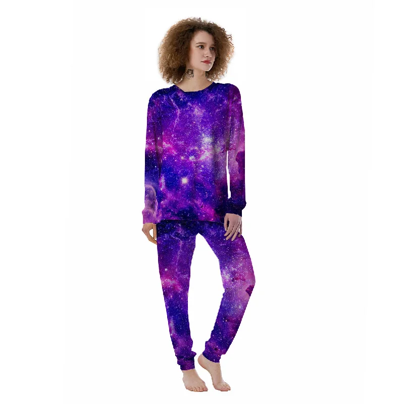 Polyester pajama setsGalaxy Space Dark Purple Universe Print Women's Pajamas Polyester pajama sets