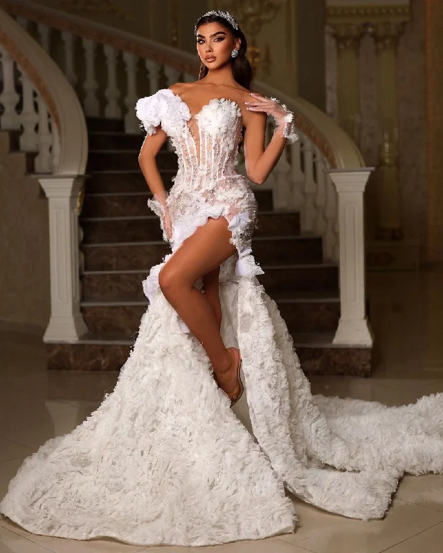 Wedding dresses under $10003D Floral Appliques Bridal Dress with Side Slit Elegant A-line Gown