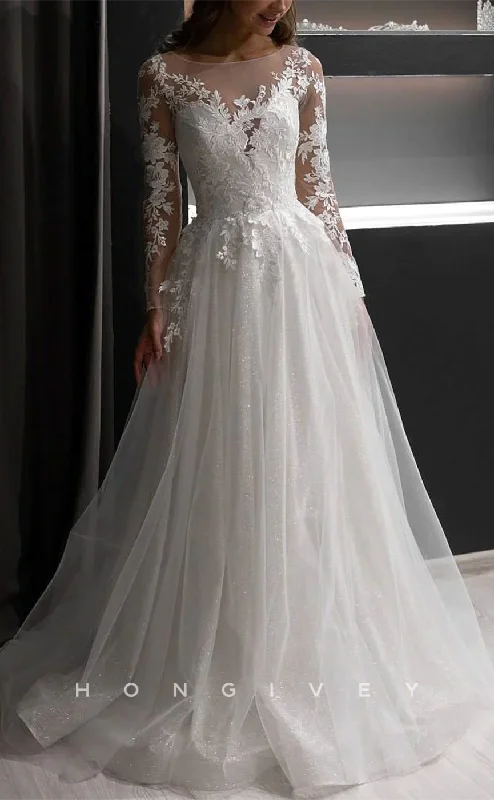 Summer wedding dressesH1711 - A-Line Scoop Long Sleeve Lace Applique Tulle Wedding Dress Modern Wedding Gown