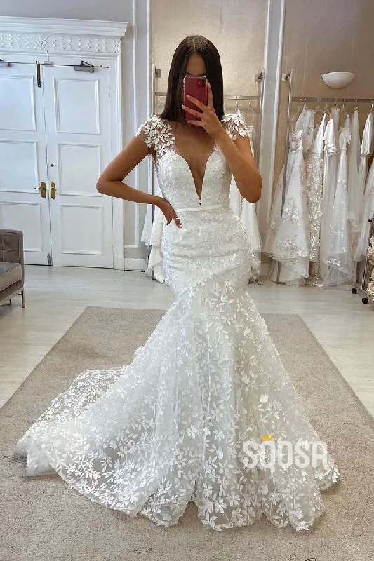 Winter wedding dressesV-Neck Cap Sleeves Tulle Trumpet Lace Applique With Train Wedding Dress QW8112 Sexy Wedding Dress