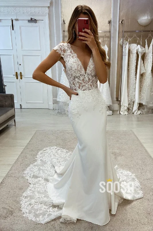 Best wedding dresses for hourglass figuresTrumpet V-Neck Sleeveless Empire Lace Applique With Train Boho Wedding Dress QW8115 Beaded Lace Wedding