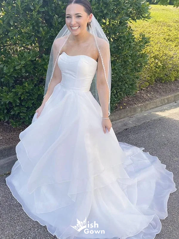 Satin wedding dressesElegant White Strapless Sleeveless With Train Popular Bridal Long Wedding Dresses, WDH119 Sleeveless Wedding Dress