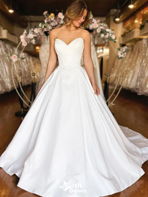 Morilee wedding dressesElegant White Strapless With Train Popular Bridal Long Wedding Dresses, WDH118 Classic Satin Gown