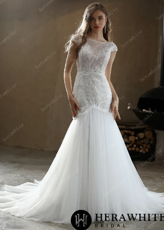 Strapless wedding dressesIllusion Bateau Neckline Beaded Mermaid Wedding Dress Sleeveless Bridal Gown