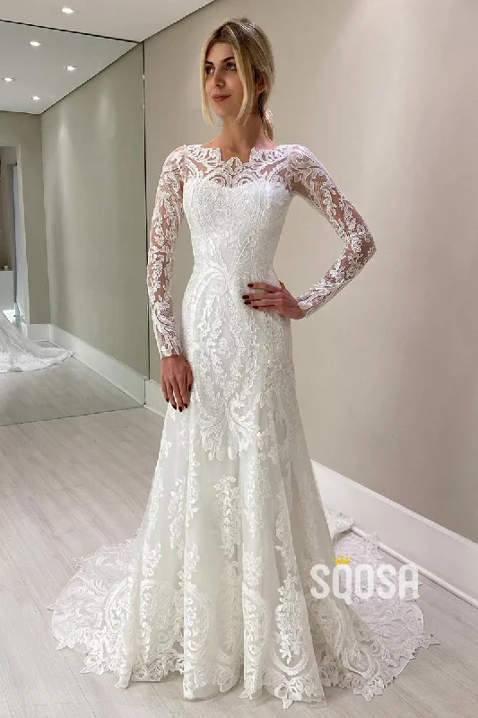 Best wedding dresses for destination weddingsUnique Bateau Romantic Lace Wedding Dress with Sleeves Bridal Gown QW0853 Lace Back Wedding