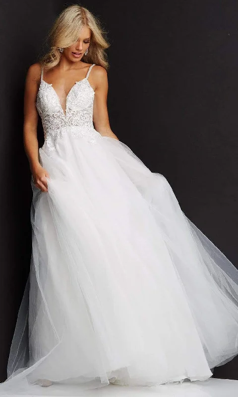 One-shoulder wedding dressesJVN by Jovani - JVN07595 Embroidered Tulle A-Line Gown Beautiful Lace Gown