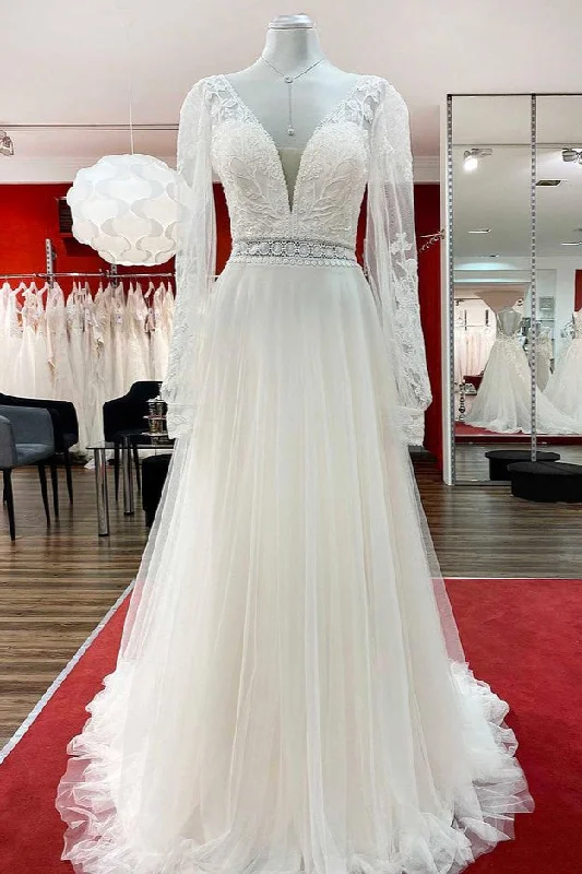 Budget-friendly wedding dressesLong A-Line Sweetheart Wedding Dress with Sleeves, Appliques, Tulle, and Beadings Lace Boho Dress