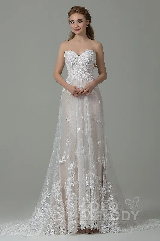 Tulle wedding dressesSheath-Column Court Train Tulle Lace Wedding Dress CWZT15008 Elegant Satin Dress