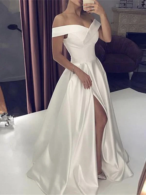 Embroidered wedding dressesOff-the-Shoulder Backless A-Line Wedding Dresses Soft Satin Bridal