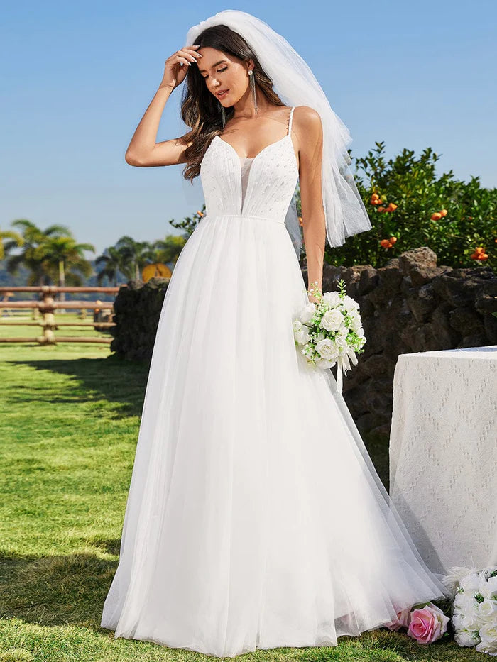 Best wedding dresses for hourglass figuresV-Neck A-Line Wedding Dress featuring Delicate Pearl Accents Beaded Lace Wedding