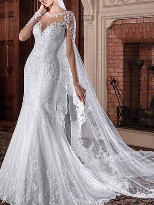 Sequin wedding dressesWedding Dresses Jewel Neck Long Sleeves Natural Waist Lace Court Train Bridal Gowns Long Sleeve Gown