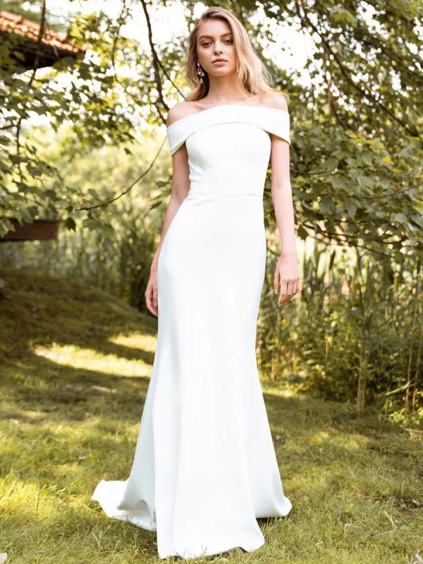 Outdoor wedding dressesWhite Simple Wedding Dress Bateau Neck Sleeveless Natural Waist Backless Satin Fabric Long Mermaid Bridal Gowns Tiered Wedding Dress