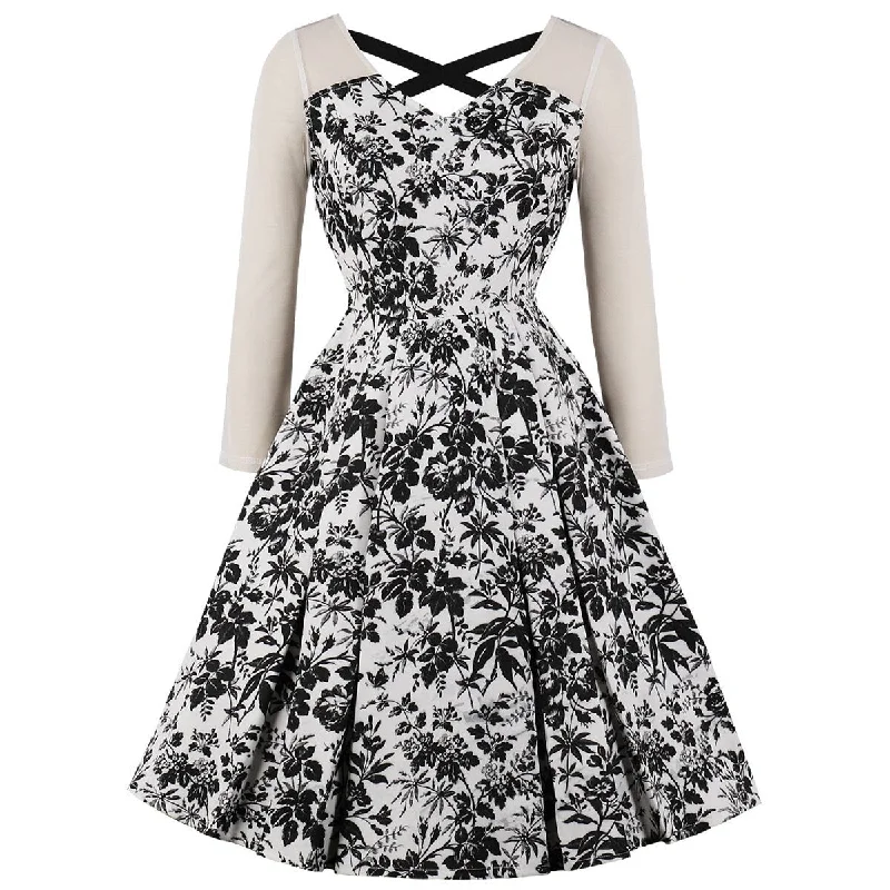 Must-have floral dresses for this seasonBlack Floral Women Party Dress Long Sleeve Cotton Short Pleated Robe Office OL Chic 50s 60s Pin Up Swing A Line Tunic Dresses Must-have floral dresses for this season