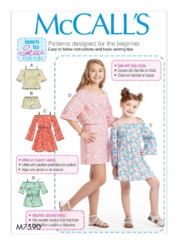 Comfortable floral dresses for everyday wearMCCALL'S PATTERN CHILDREN'S/GIRLS' OFF-THE-SHOULDER TOP, DRESS AND ROMPER WITH SLEEVE VARIATIONS 7590 Comfortable floral dresses for everyday wear