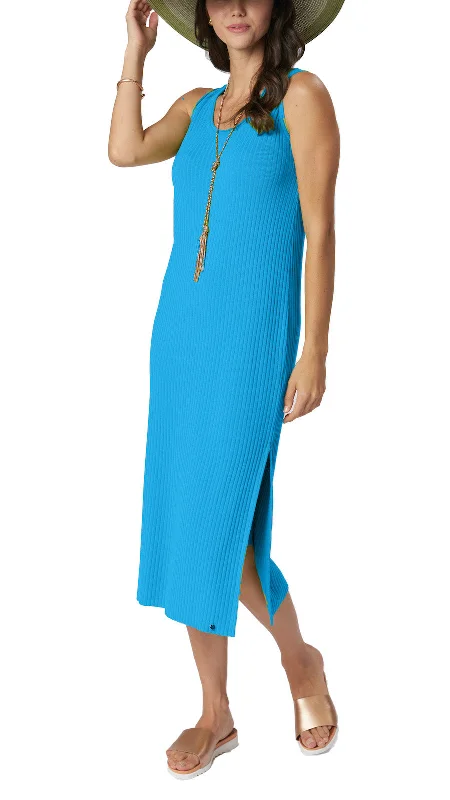 Open-back unclassified dressesBetsy Vertical Rib Knit Sleeveless Mid-calf Sheath Dress; Turquoise Open-back unclassified dresses